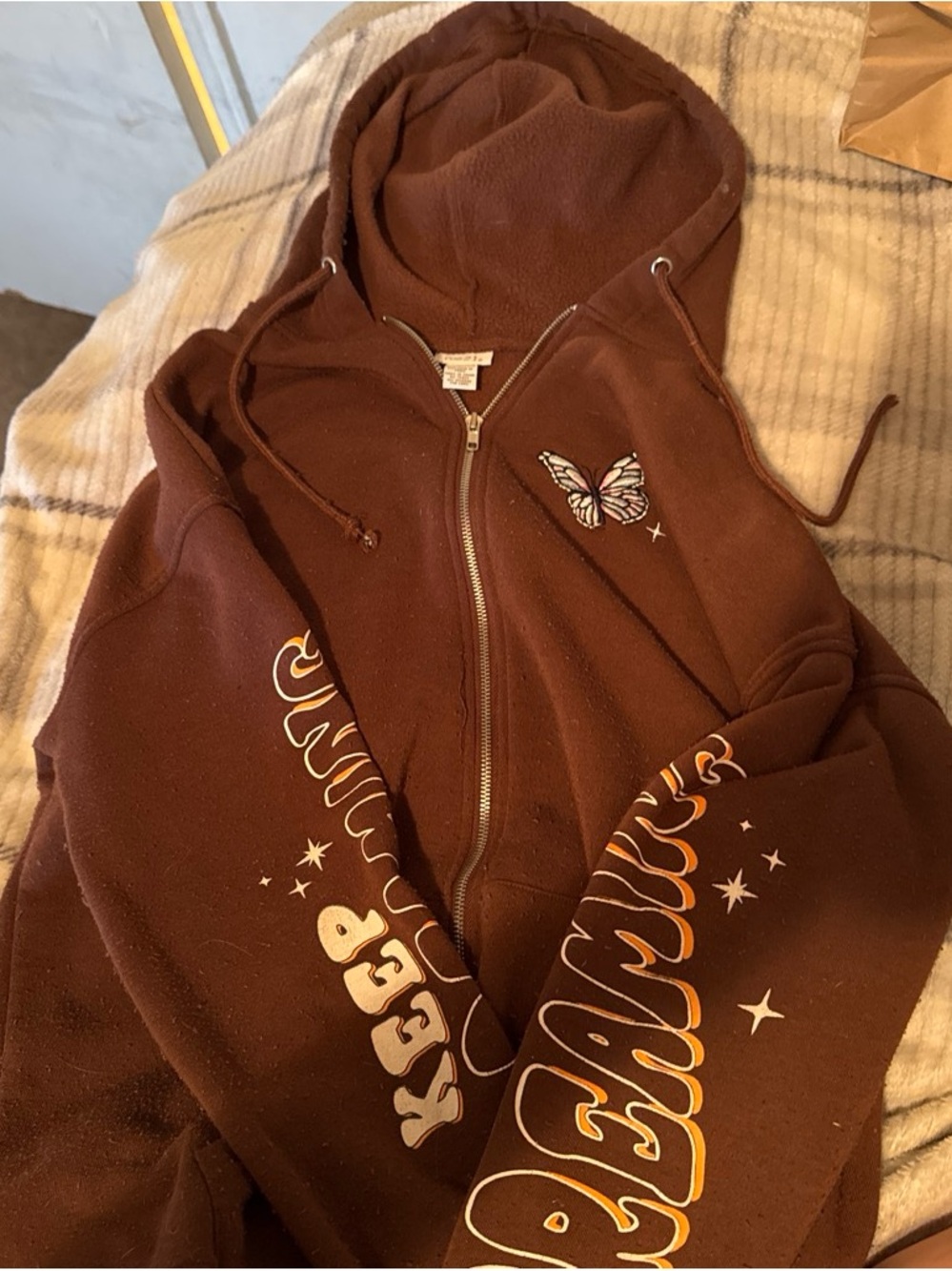 Rue21 Brown Zip-Up Hoodie with Butterfly and Typography